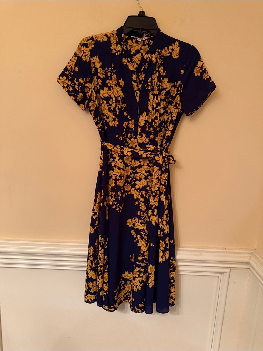 Nanette Lepore Navy‎ & Gold Floral Midi Wrap Dress Size 2
